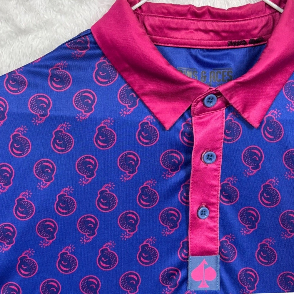Pins & Aces  Polo Mens XL Blue Pink Golf Ball Bomb Pop Performance Short Sleeve
